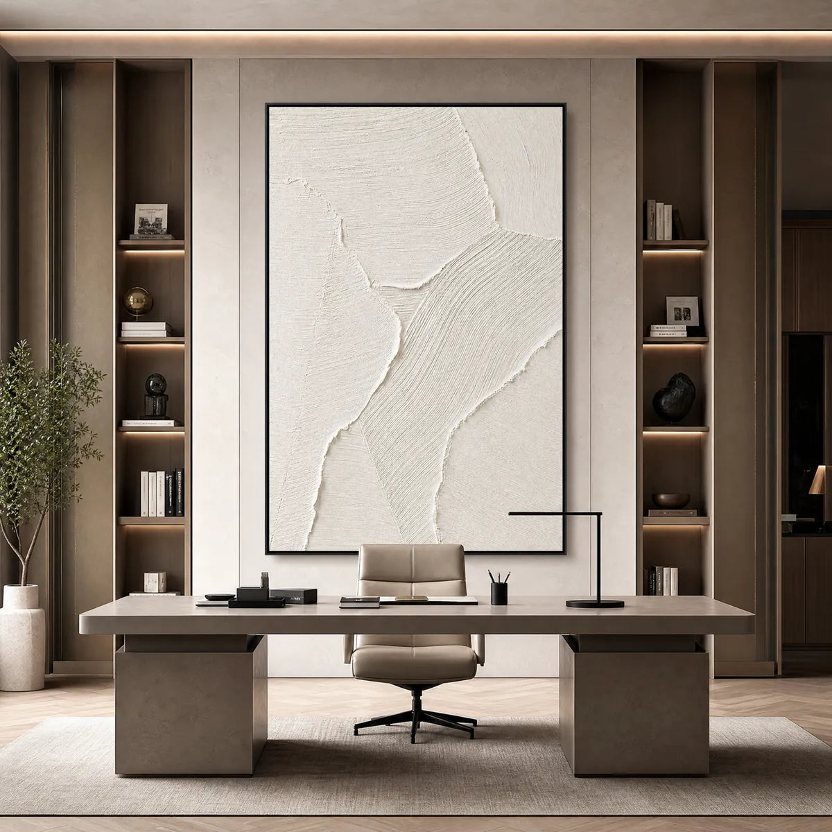 White textured abstract Wabi Sabi wall art in a modern office