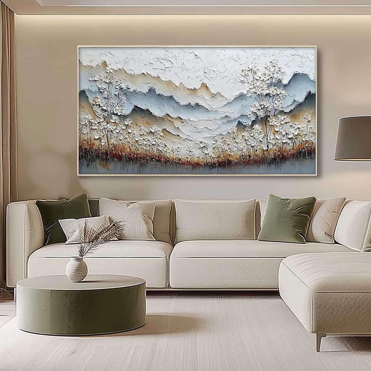 WHISPERING MEADOW: Heavily Textured Wabi Sabi Mountain & Flower Landscape Painting