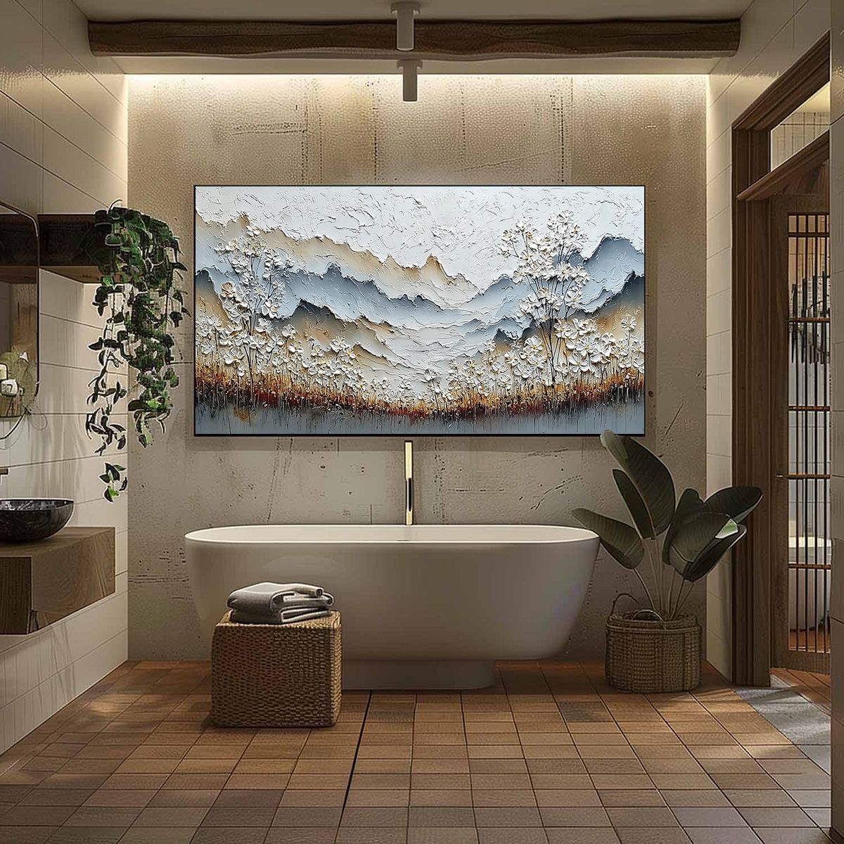 WHISPERING MEADOW: Heavily Textured Wabi Sabi Mountain & Flower Landscape Painting