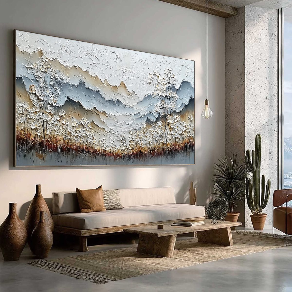 WHISPERING MEADOW: Heavily Textured Wabi Sabi Mountain & Flower Landscape Painting