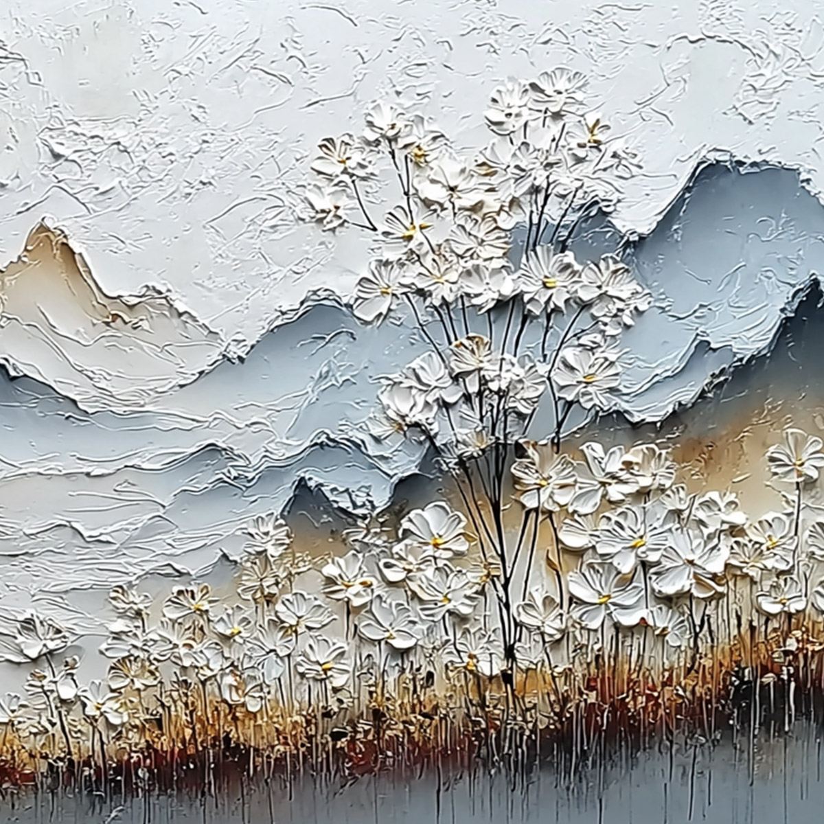 WHISPERING MEADOW: Heavily Textured Wabi Sabi Mountain & Flower Landscape Painting
