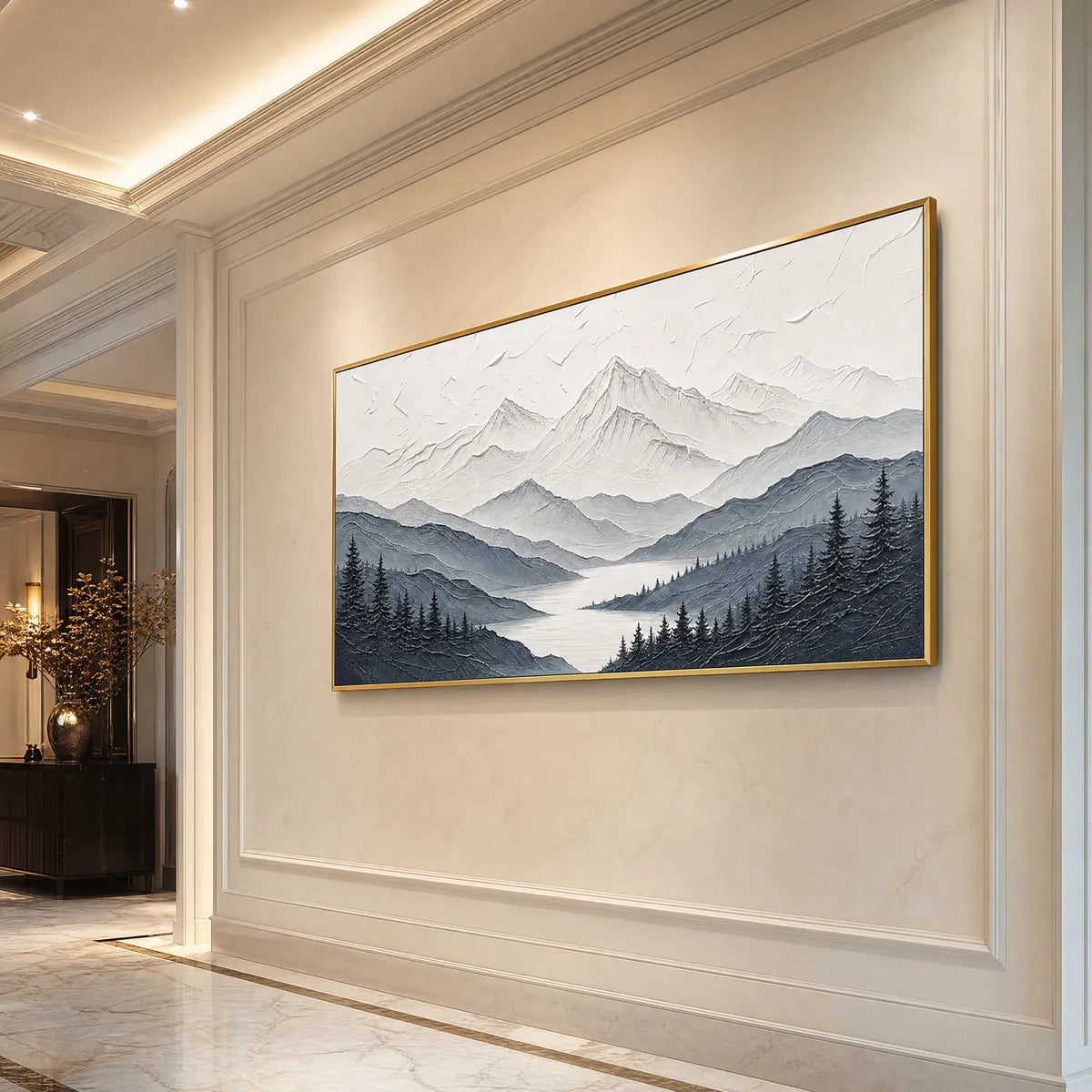 WHISPERING PEAKS: Textured Monochrome Mountain Lake Landscape Painting