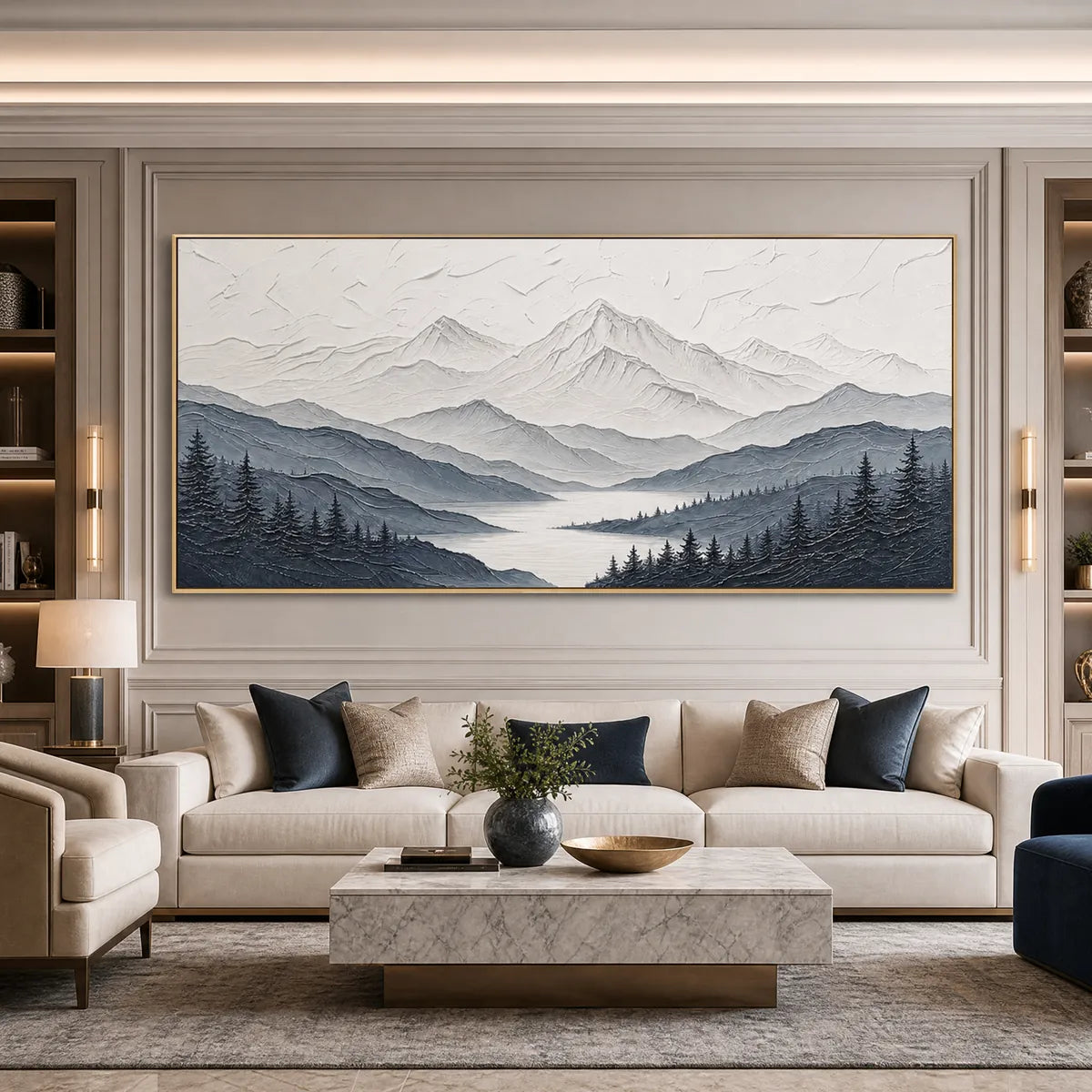 WHISPERING PEAKS: Textured Monochrome Mountain Lake Landscape Painting