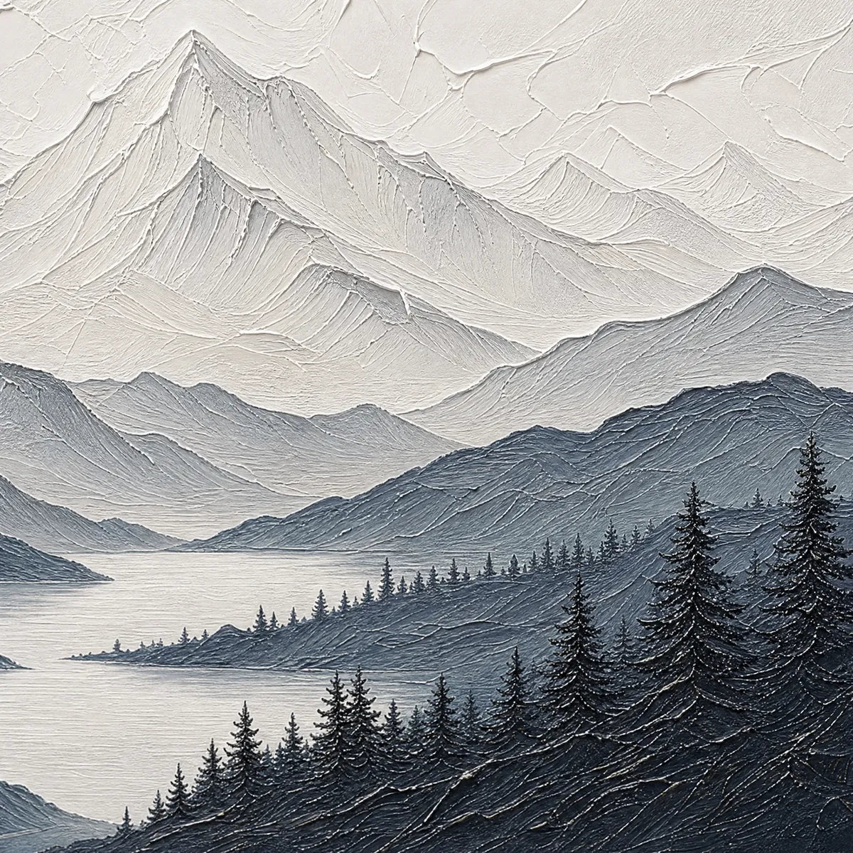 WHISPERING PEAKS: Textured Monochrome Mountain Lake Landscape Painting