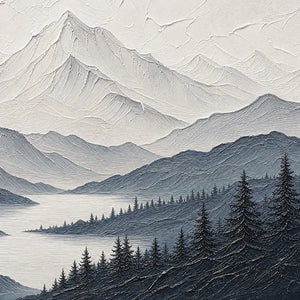 Textured monochrome mountain lake landscape painting with layered peaks and pine trees