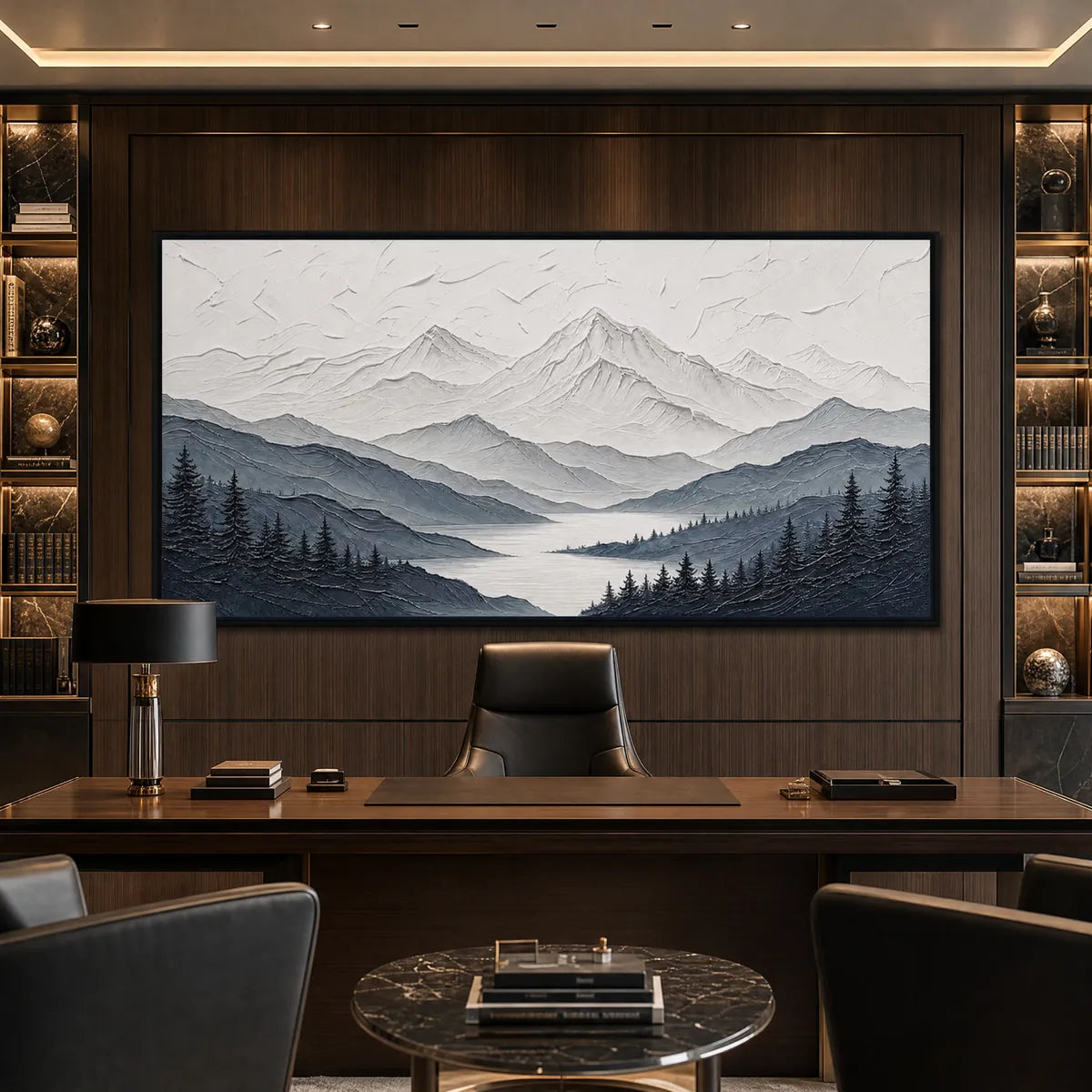 WHISPERING PEAKS: Textured Monochrome Mountain Lake Landscape Painting