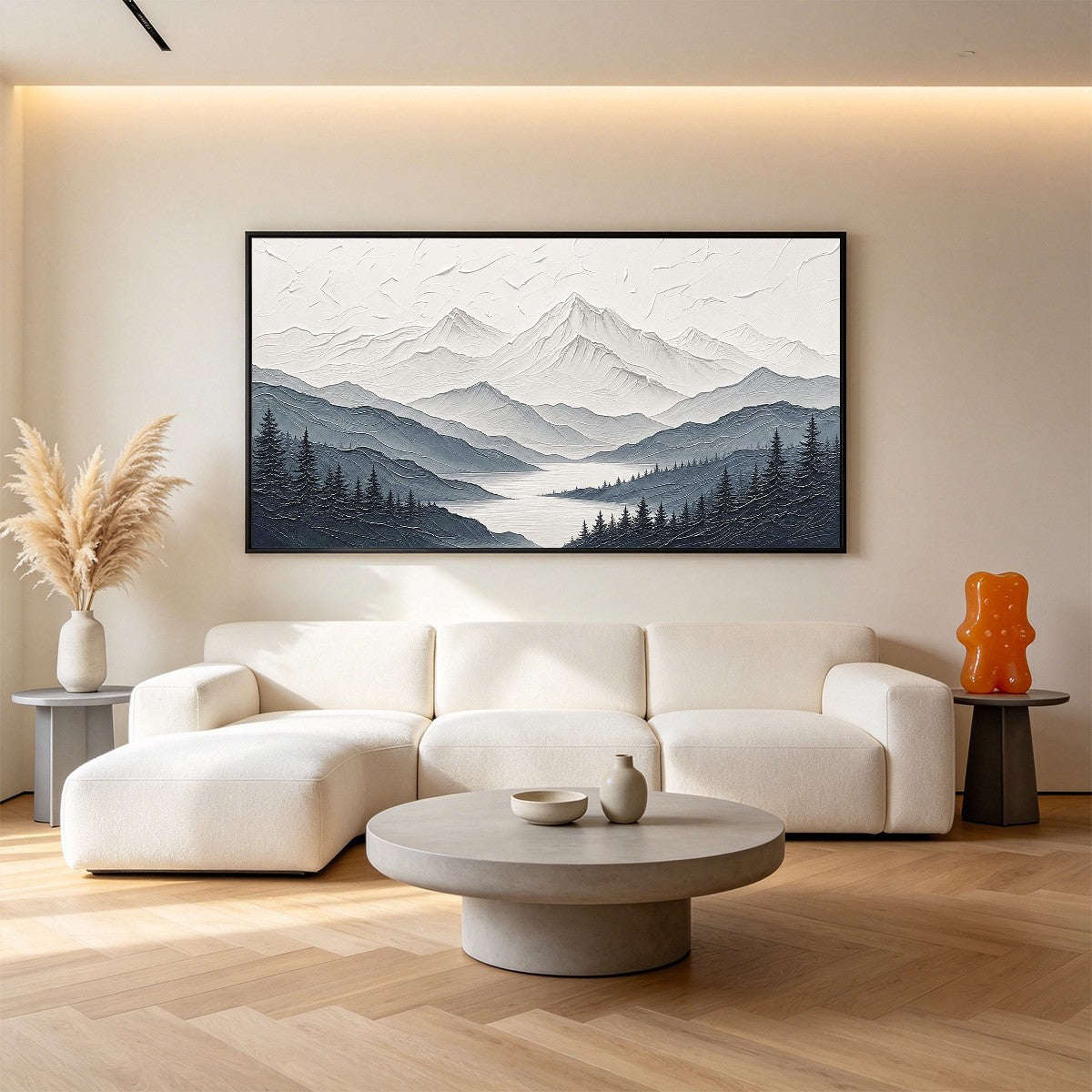 WHISPERING PEAKS: Textured Monochrome Mountain & Lake Landscape Painting