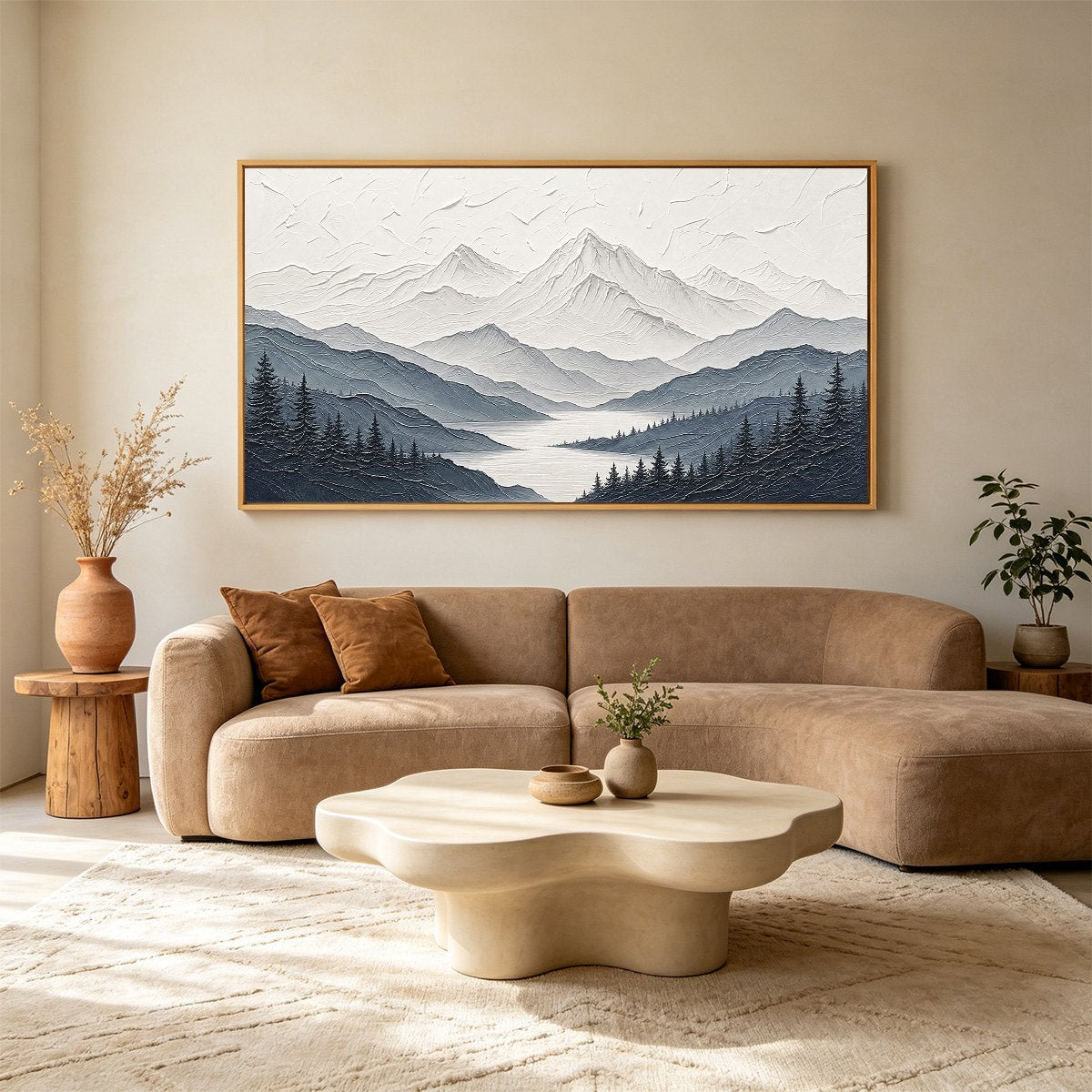 WHISPERING PEAKS: Textured Monochrome Mountain & Lake Landscape Painting
