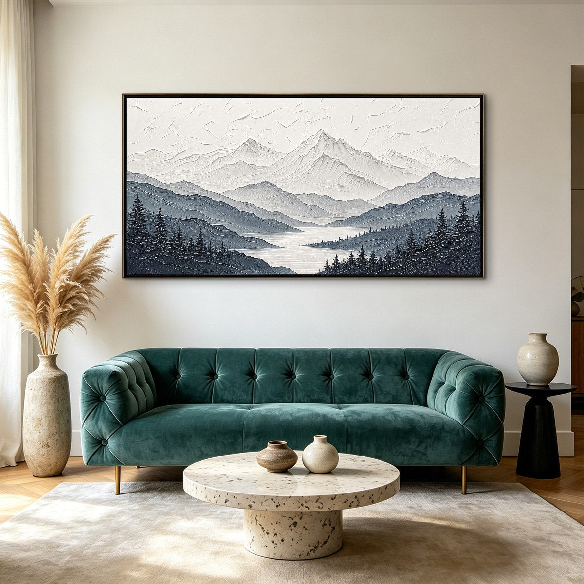 WHISPERING PEAKS: Textured Monochrome Mountain & Lake Landscape Painting