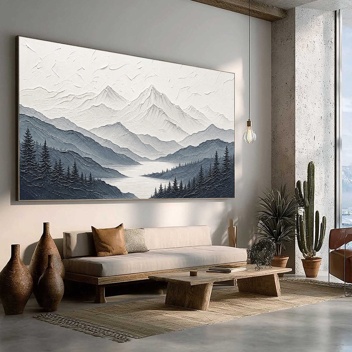 WHISPERING PEAKS: Textured Monochrome Mountain & Lake Landscape Painting