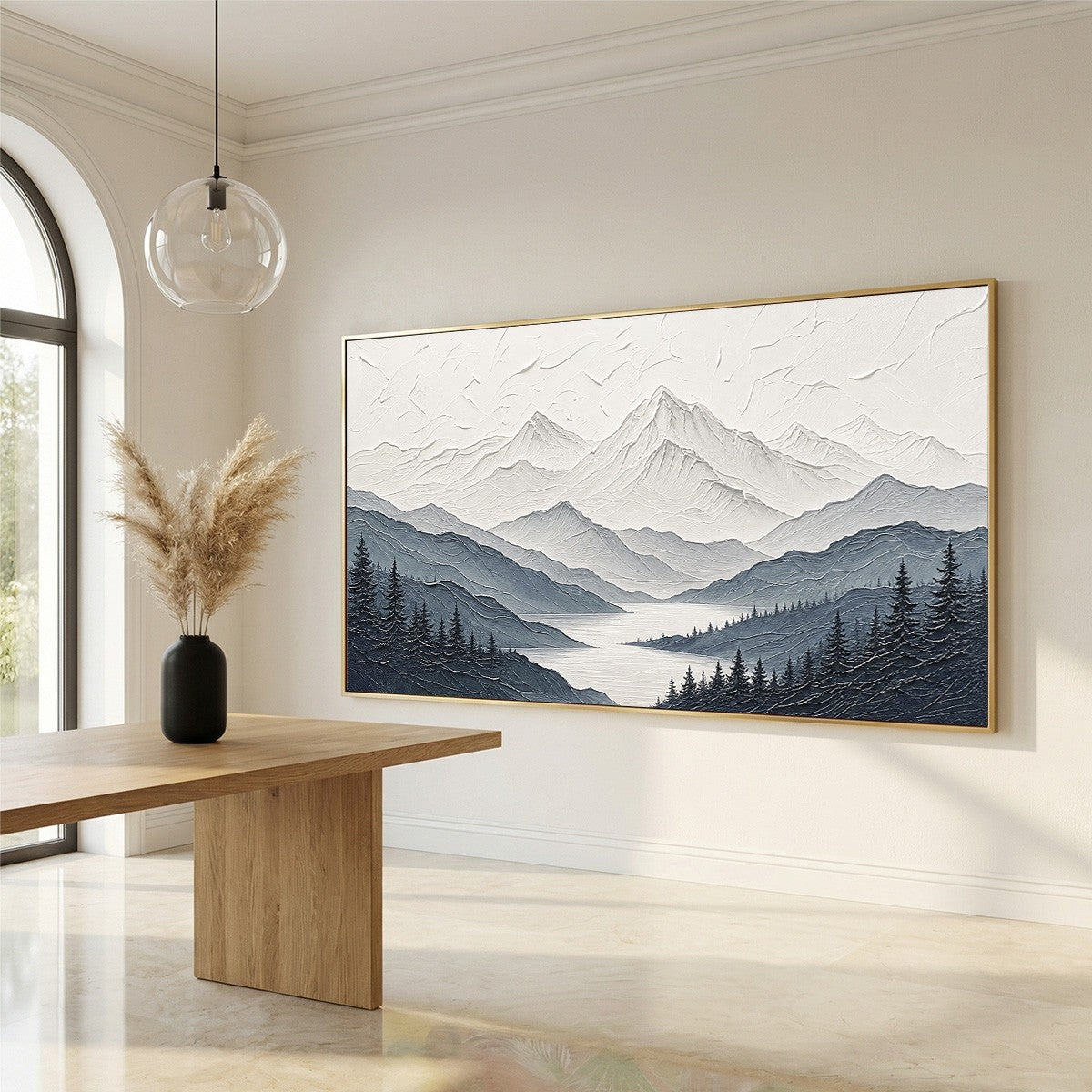 WHISPERING PEAKS: Textured Monochrome Mountain & Lake Landscape Painting