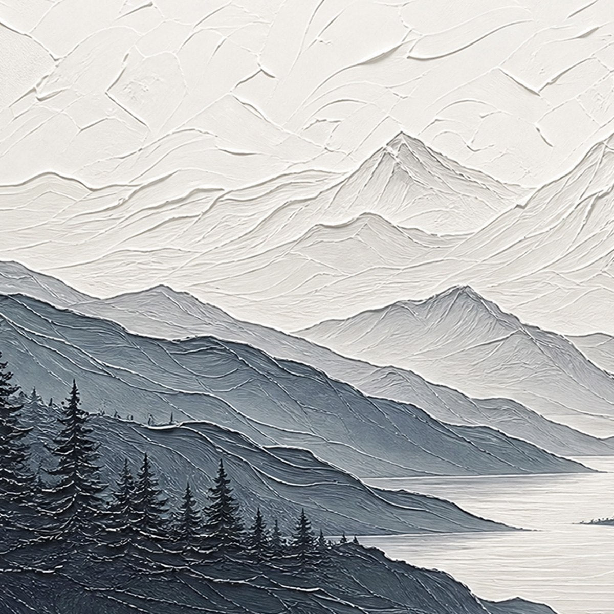 WHISPERING PEAKS: Textured Monochrome Mountain & Lake Landscape Painting