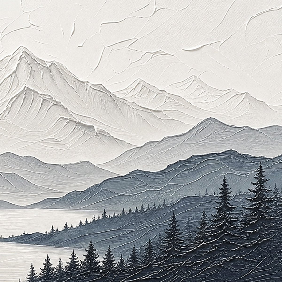 WHISPERING PEAKS: Textured Monochrome Mountain & Lake Landscape Painting