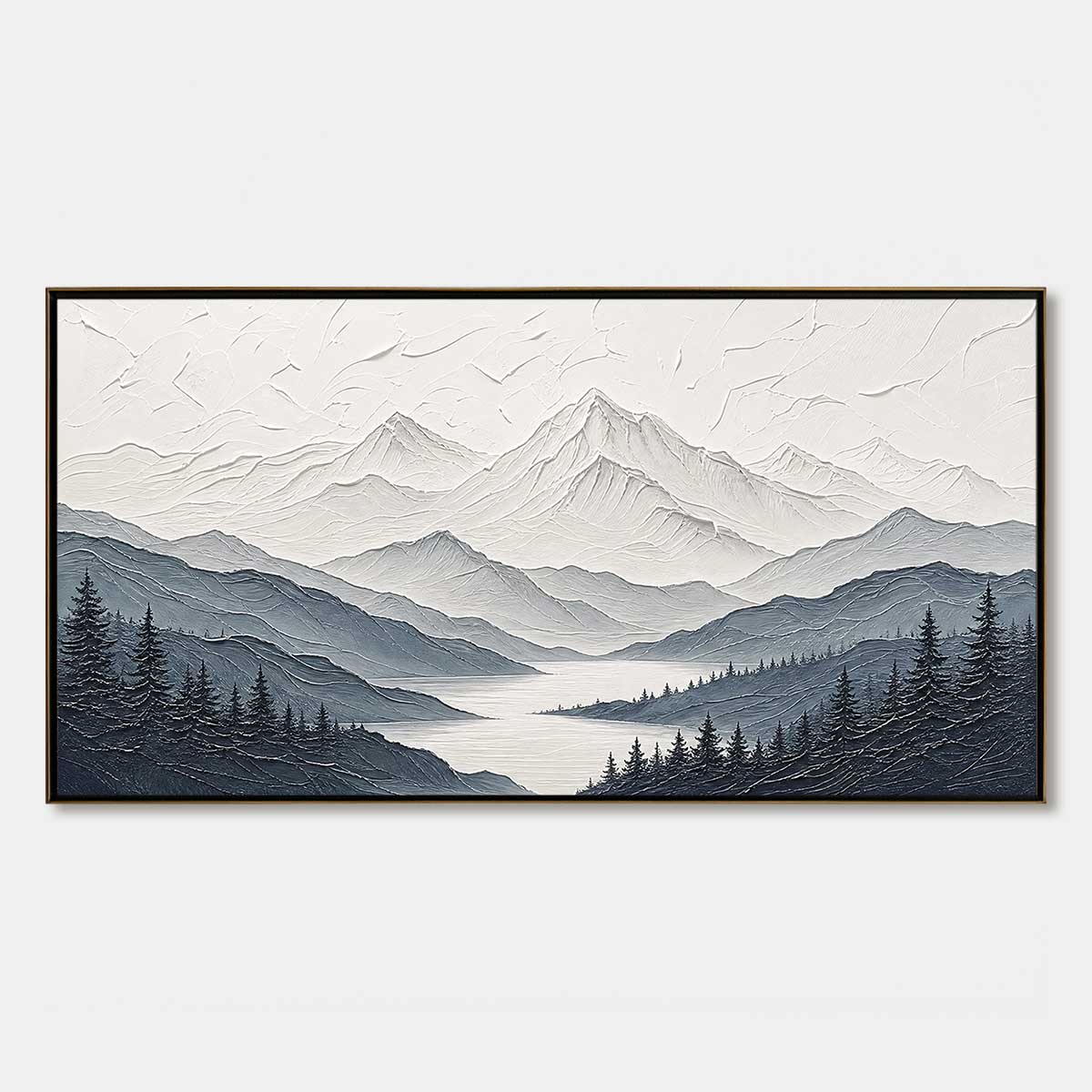 WHISPERING PEAKS: Textured Monochrome Mountain & Lake Landscape Painting