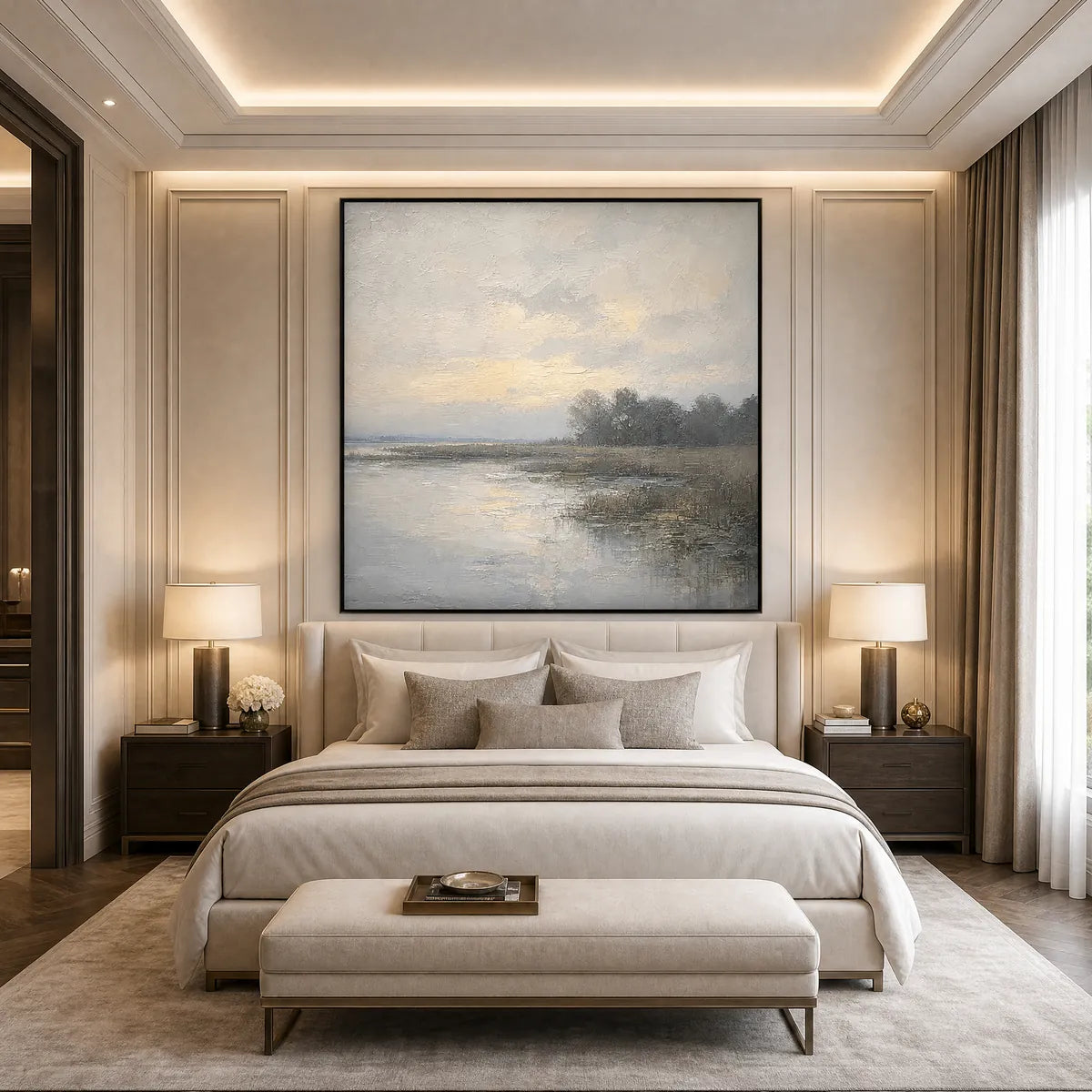 Textured Wabi-Sabi coastal landscape painting in muted beige and gray tones