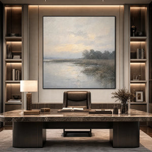 Textured Wabi-Sabi coastal landscape painting in beige and gray tones