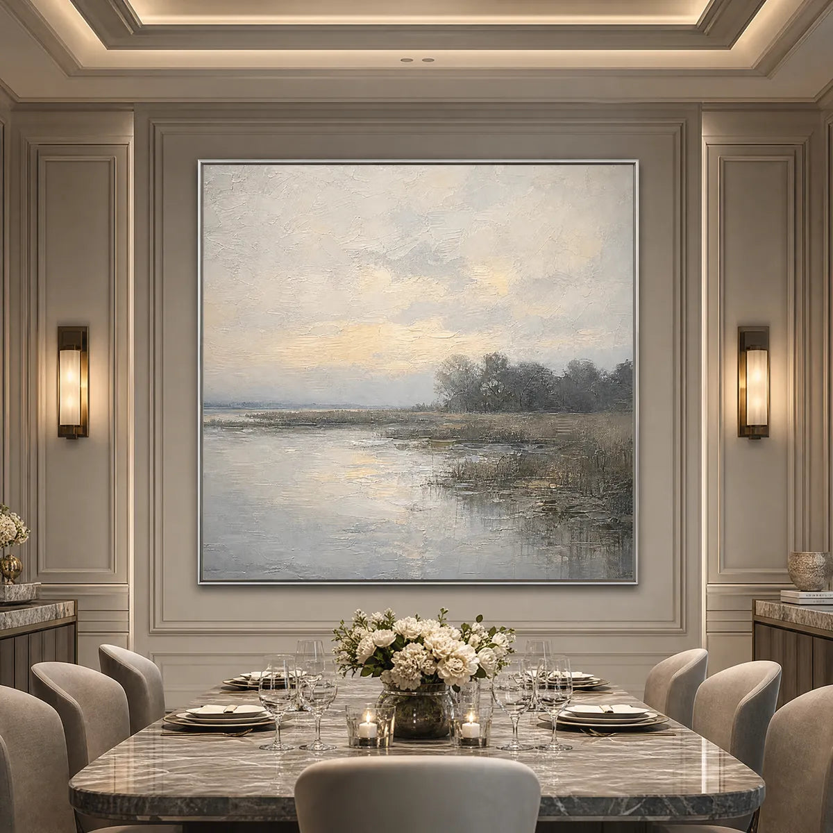 Textured Wabi-Sabi coastal landscape oil painting in beige and grey tones above dining table