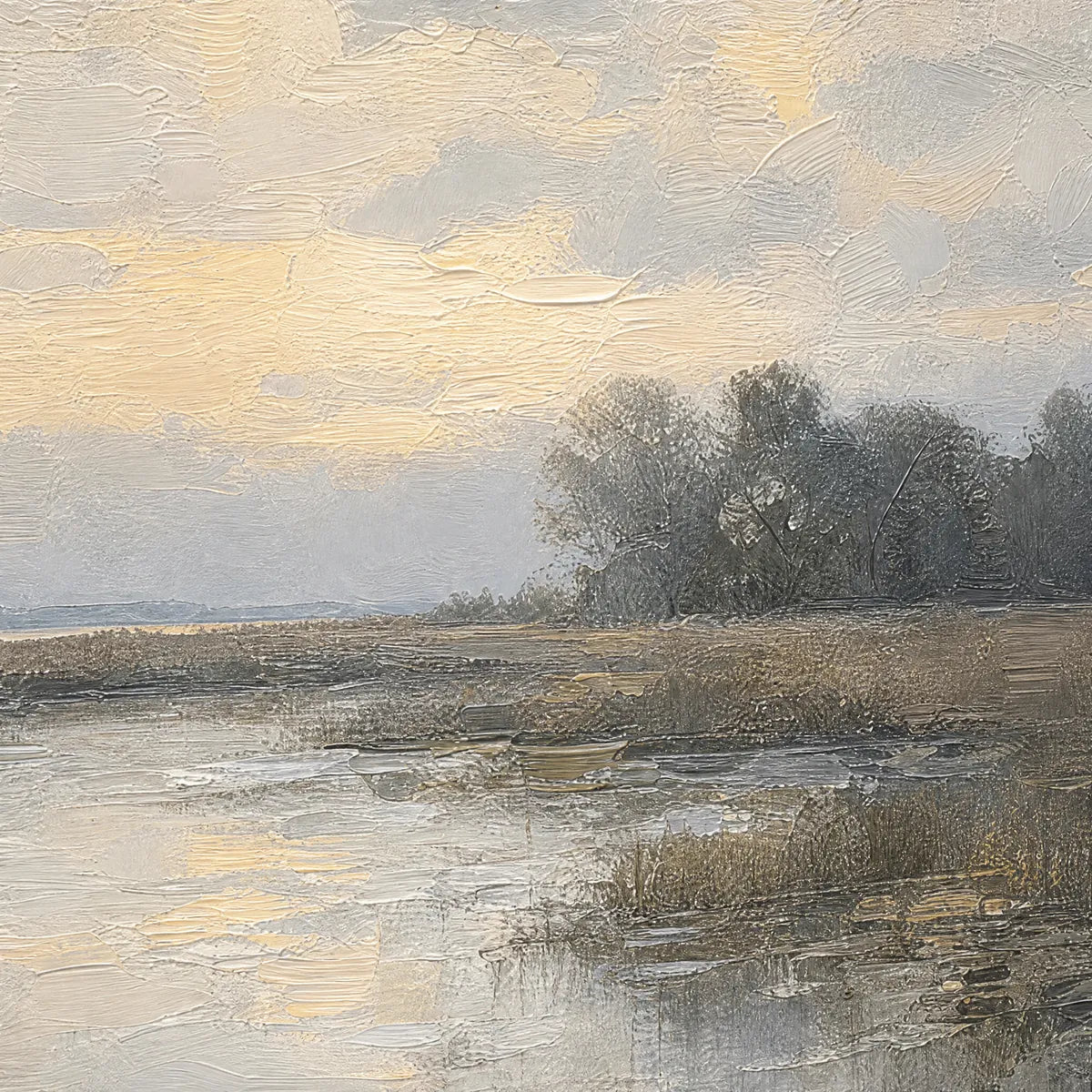 Textured Wabi-Sabi coastal landscape painting with muted beige, gray and soft yellow tones