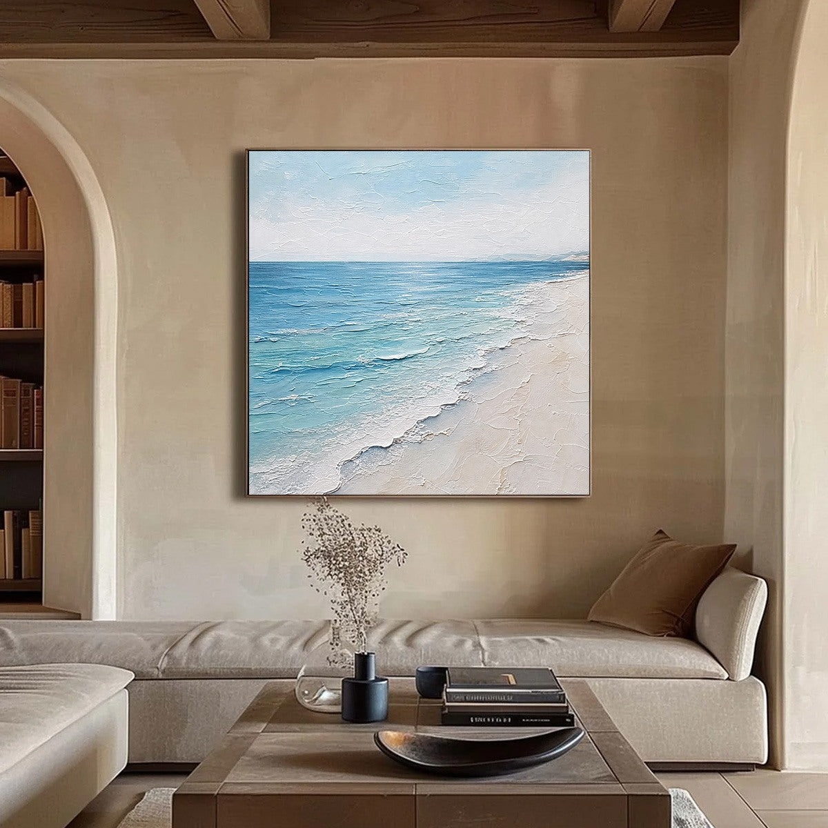 WHISPERING TIDE: Textured Minimalist Beach Scene Painting