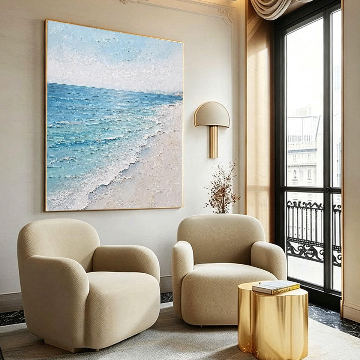WHISPERING TIDE: Textured Minimalist Beach Scene Painting