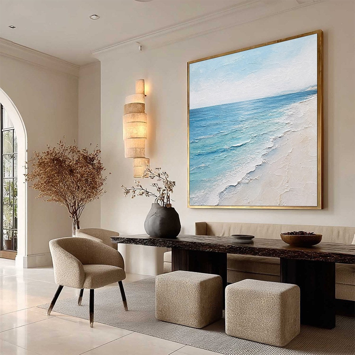 WHISPERING TIDE: Textured Minimalist Beach Scene Painting