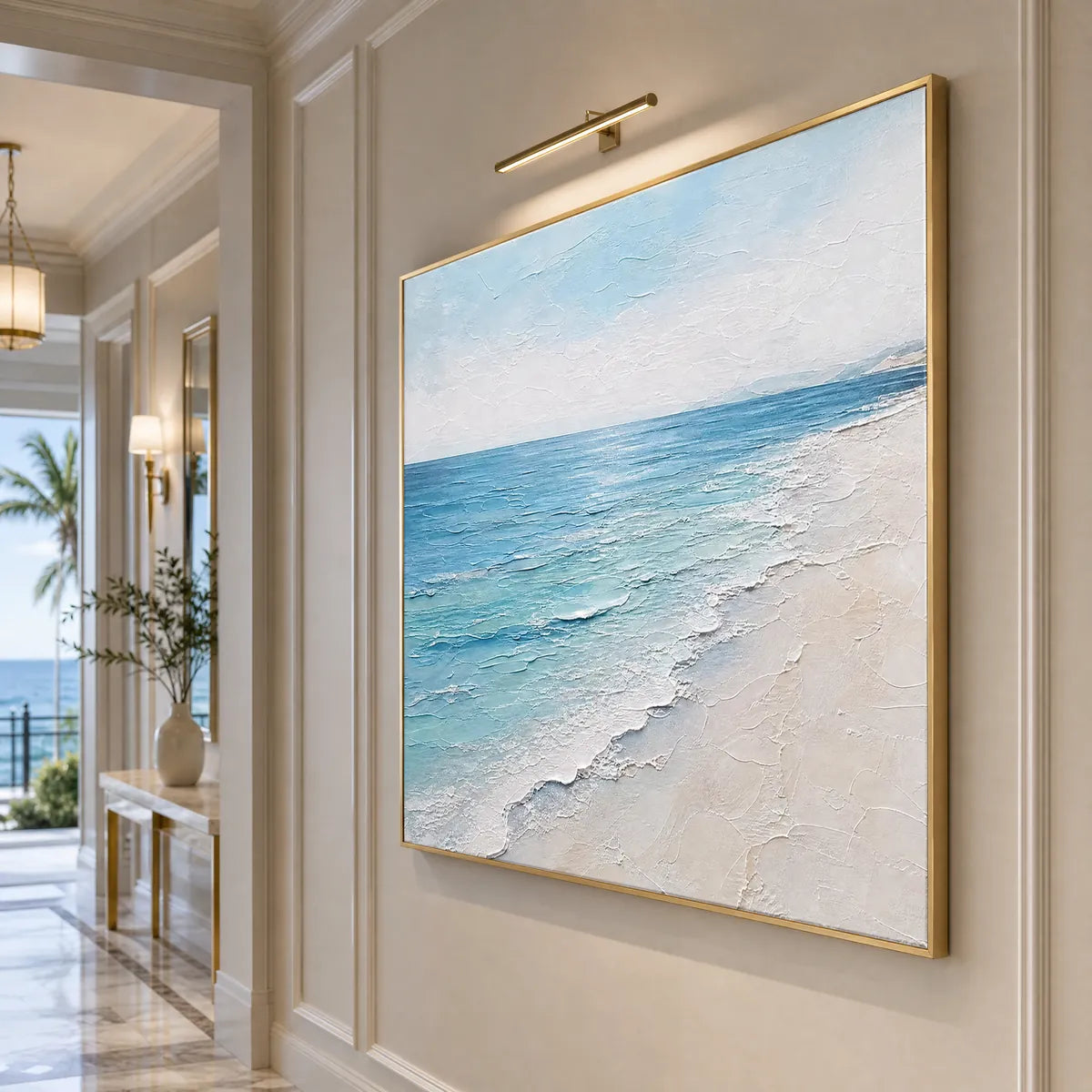 Textured minimalist beach scene oil painting in gold frame, blue and white modern wall art