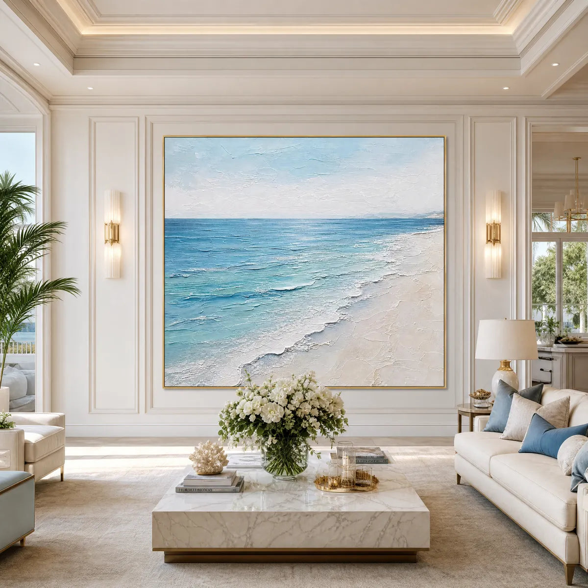 Textured minimalist beach scene painting with blue ocean and white sand