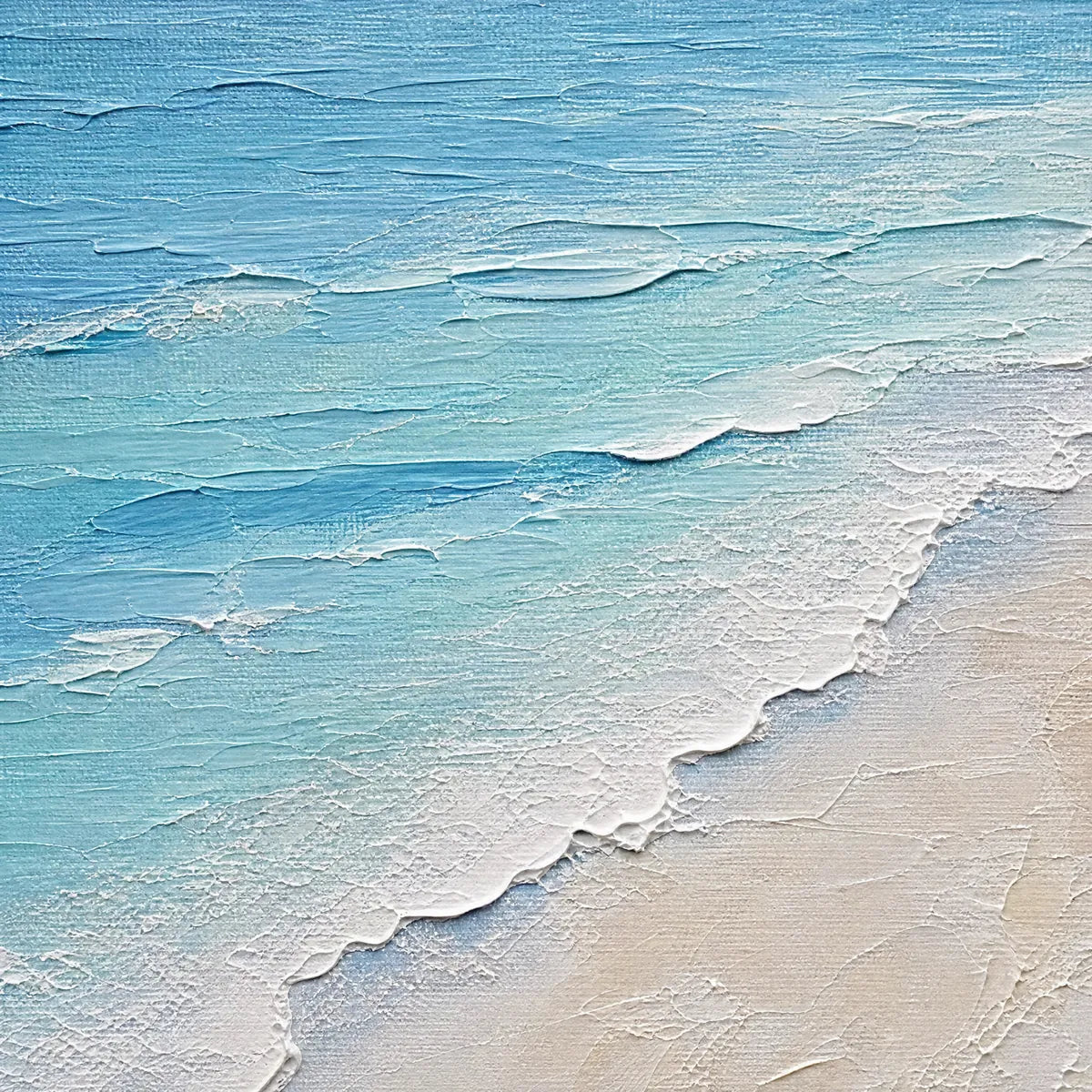 Textured minimalist beach scene painting in blue and white with foamy shoreline