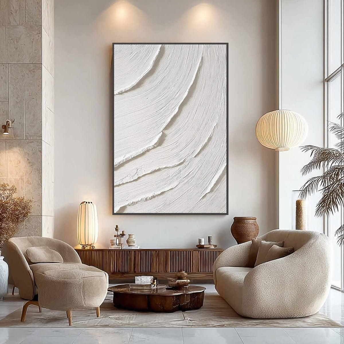 WHISPERING WAVES: Textured White Minimalist Wabi Sabi Abstract Painting