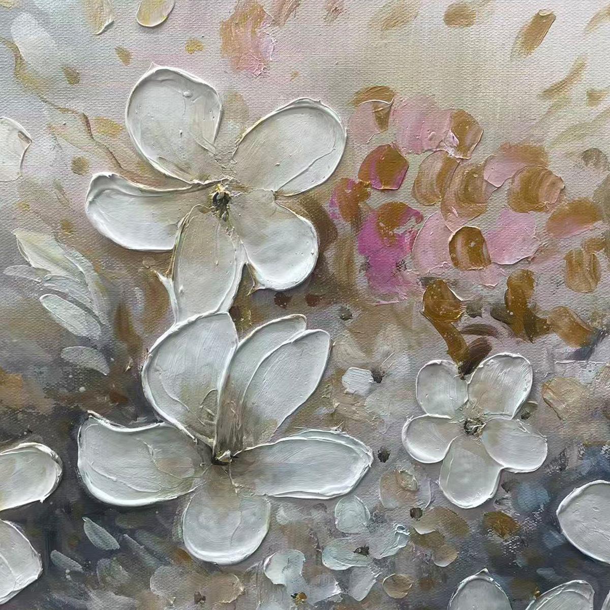 
WHISPERING BLOSSOMS: Textured Beige and White Floral Impasto Painting