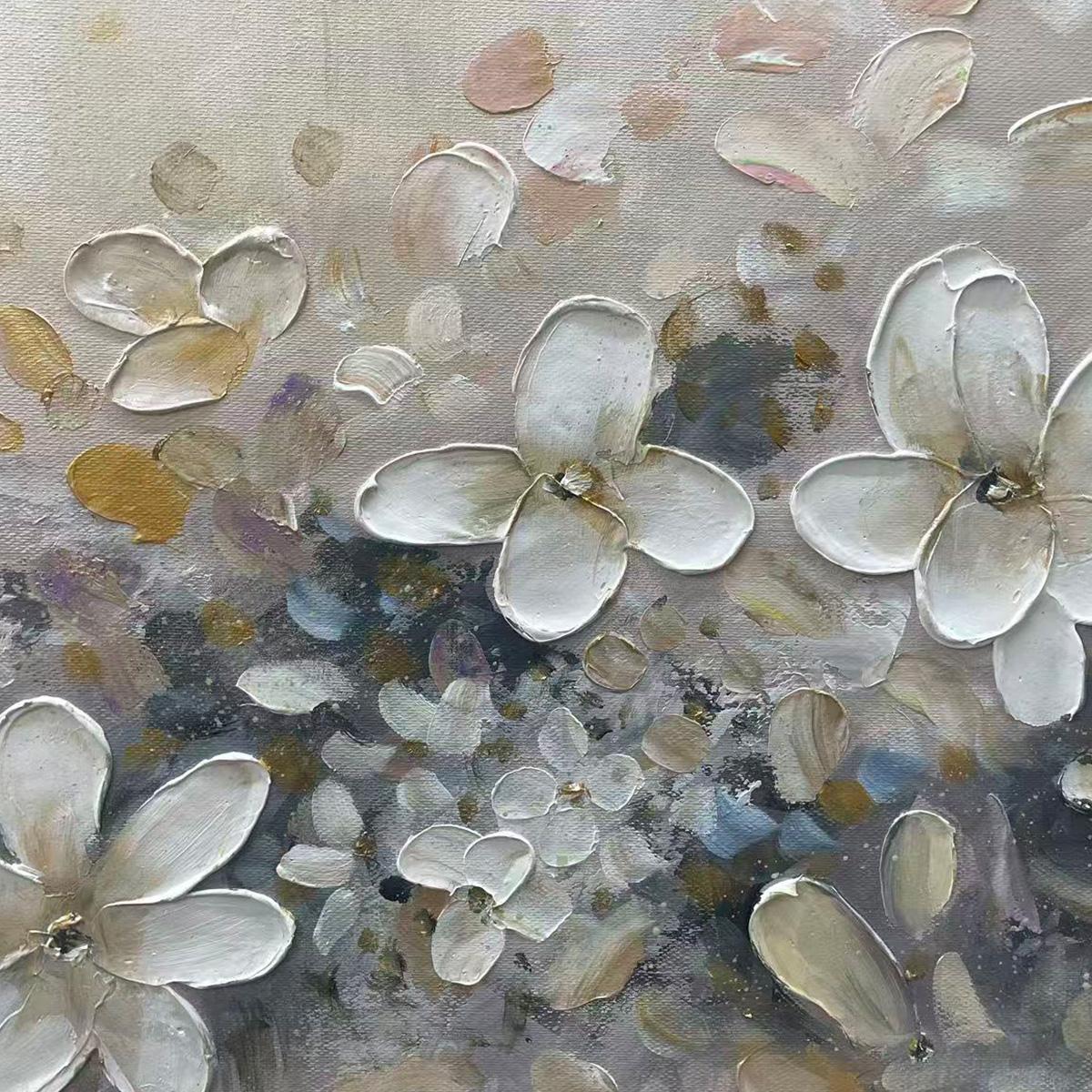 
WHISPERING BLOSSOMS: Textured Beige and White Floral Impasto Painting