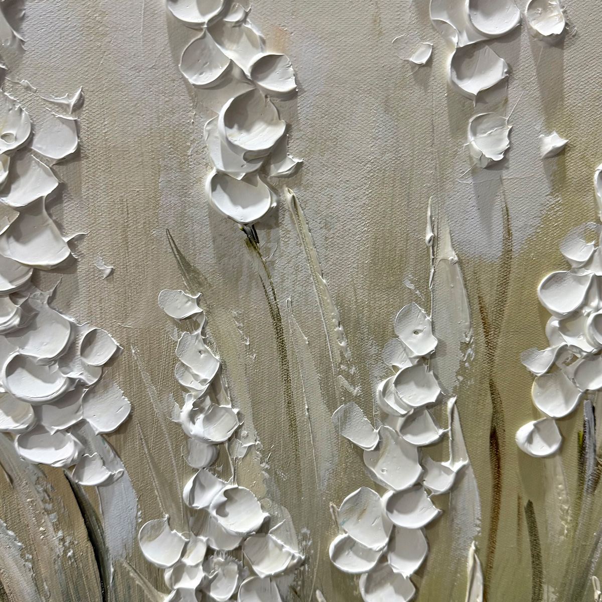 WHISPERING FIELDS: Textured White Floral Painting, 3D Flower Wall Art, Panoramic Canvas, Serene Decor