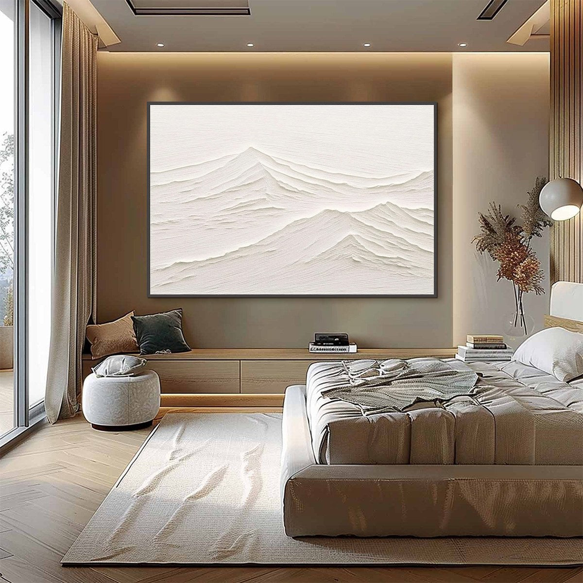 WHISPERING PEAKS: Textured Minimalist White Mountain Painting