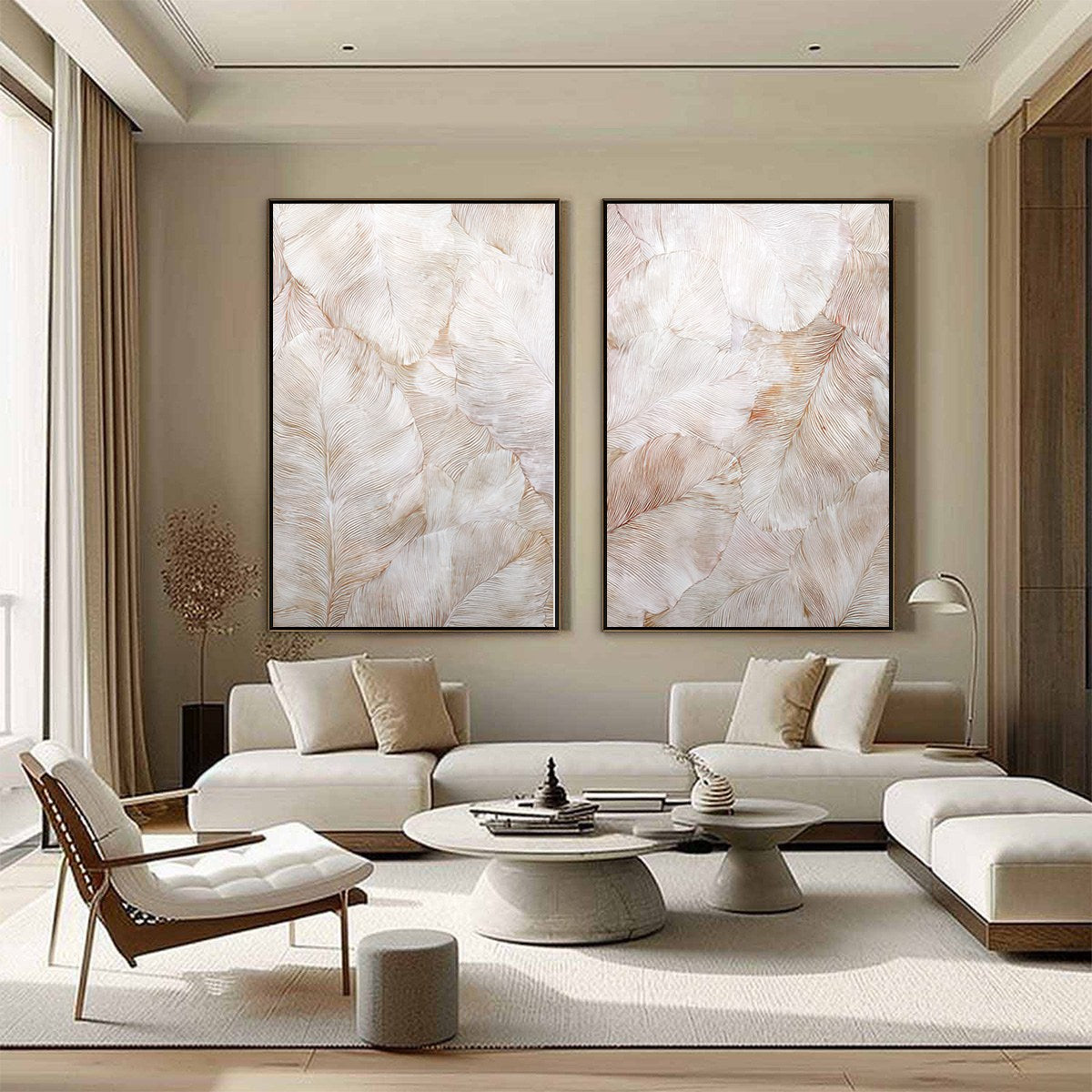 WHISPERING PLUMES: Textured Wabi Sabi Feather Painting Diptych