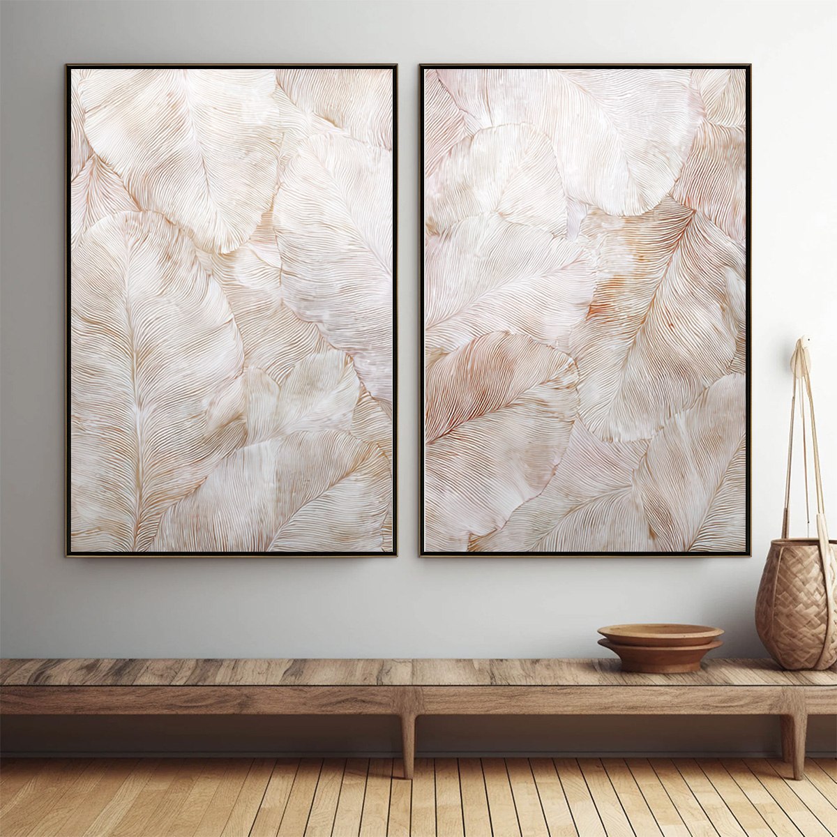 WHISPERING PLUMES: Textured Wabi Sabi Feather Painting Diptych