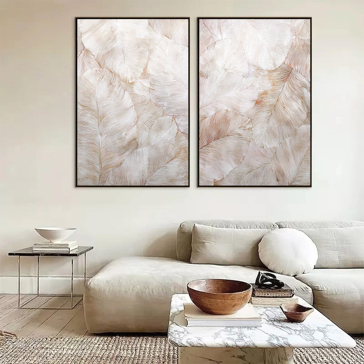 WHISPERING PLUMES: Textured Wabi Sabi Feather Painting Diptych