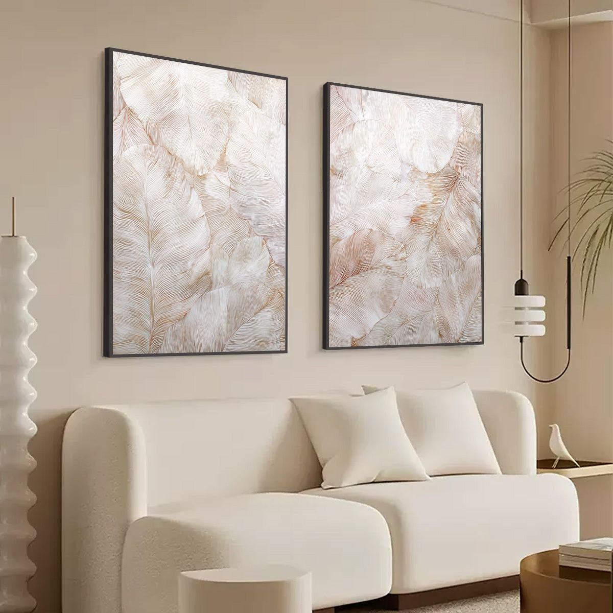 WHISPERING PLUMES: Textured Wabi Sabi Feather Painting Diptych