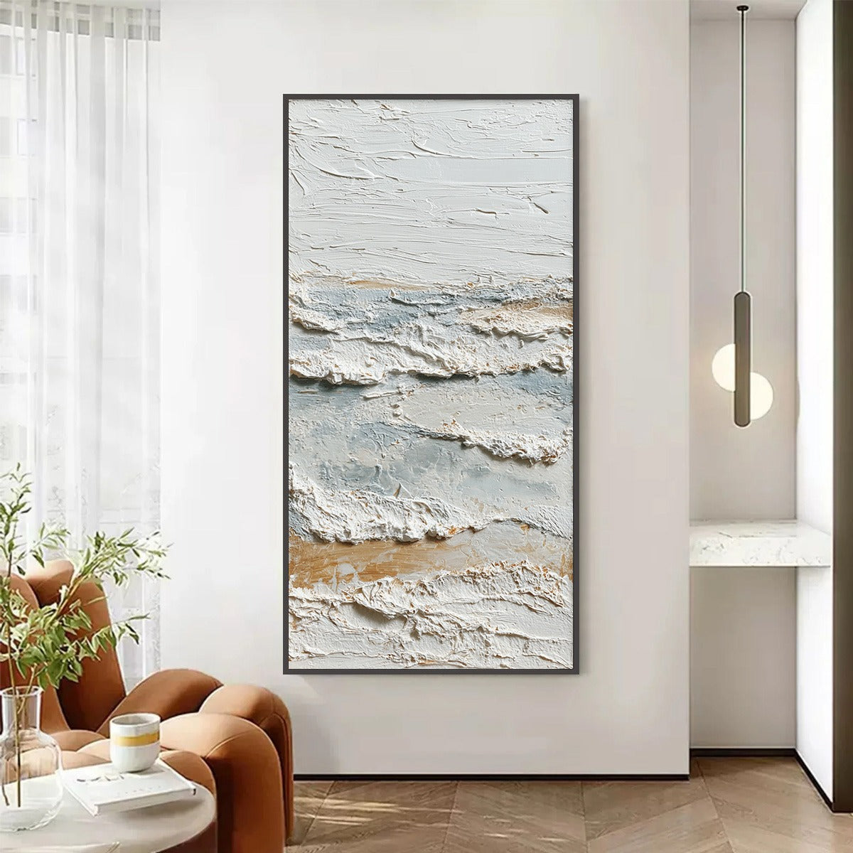Whispering Tides | Textured Vertical Wabi Sabi Beach Oil Painting