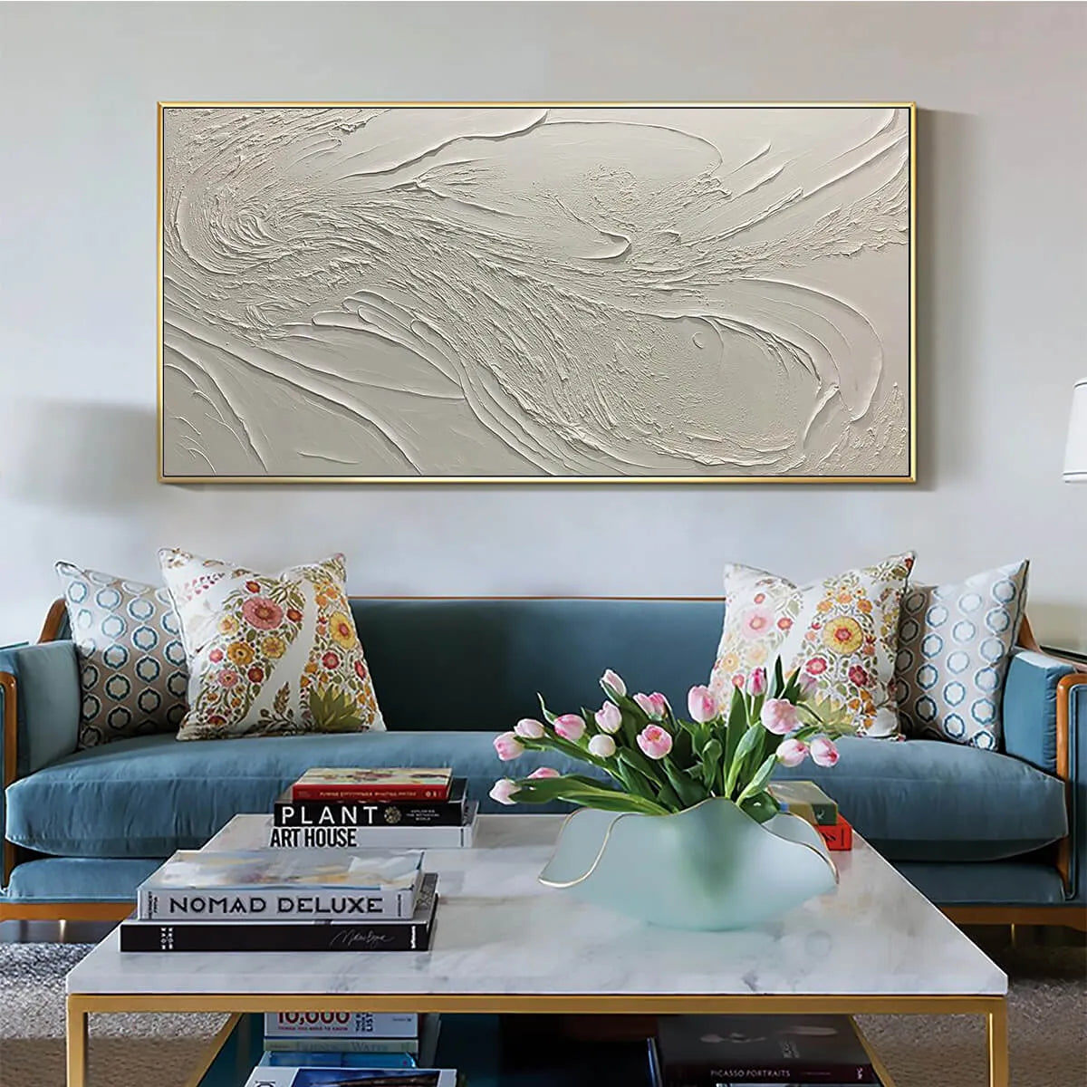 Whispering Winds: White Beige Textured Abstract Minimalist Oil Painting Canvas Wall Art