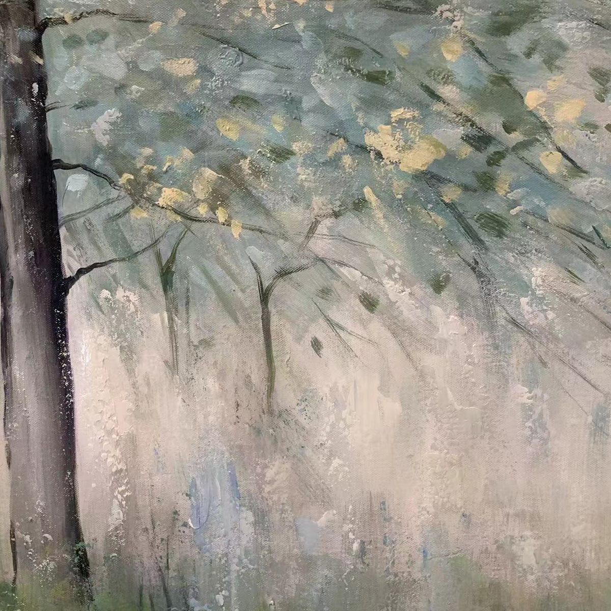 WHISPERING WOODS- Serene Green and Gold Forest Landscape Painting
