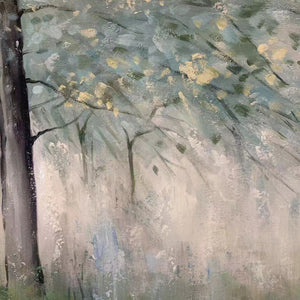 WHISPERING WOODS- Serene Green and Gold Forest Landscape Painting