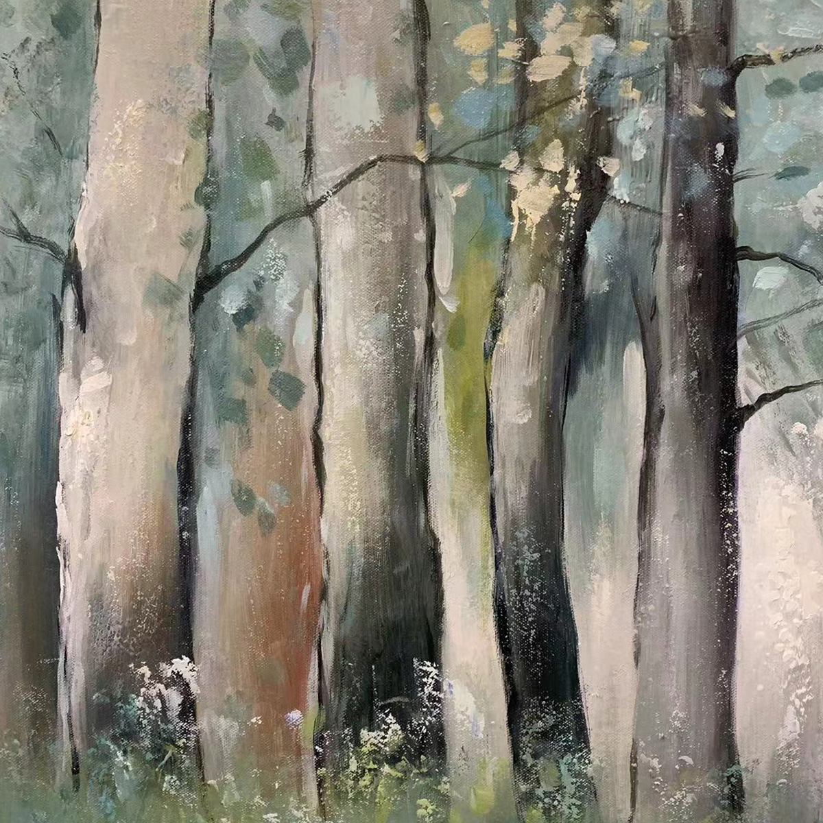 WHISPERING WOODS- Serene Green and Gold Forest Landscape Painting