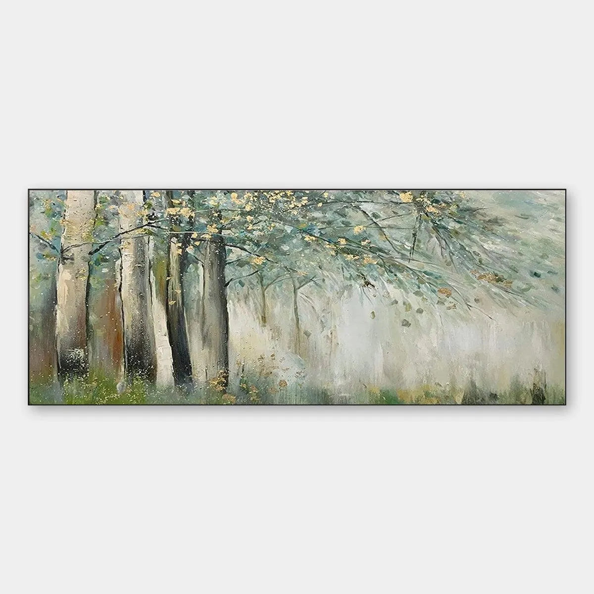 Serene Green and Gold Forest Landscape Painting