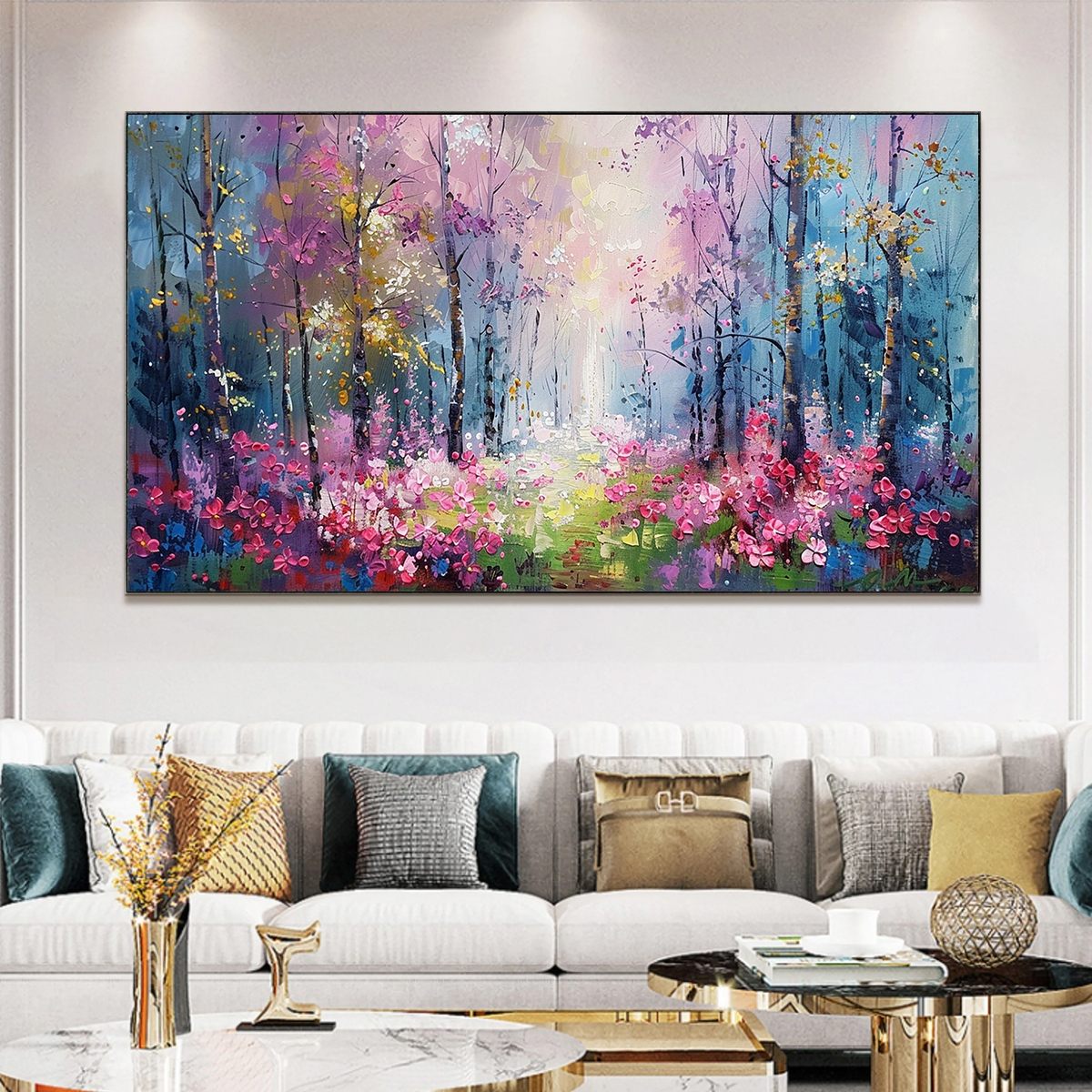Whispering Woods: Original Impasto Floral Forest Oil Painting - Textured Pink and Purple Forest Wall Art Decor