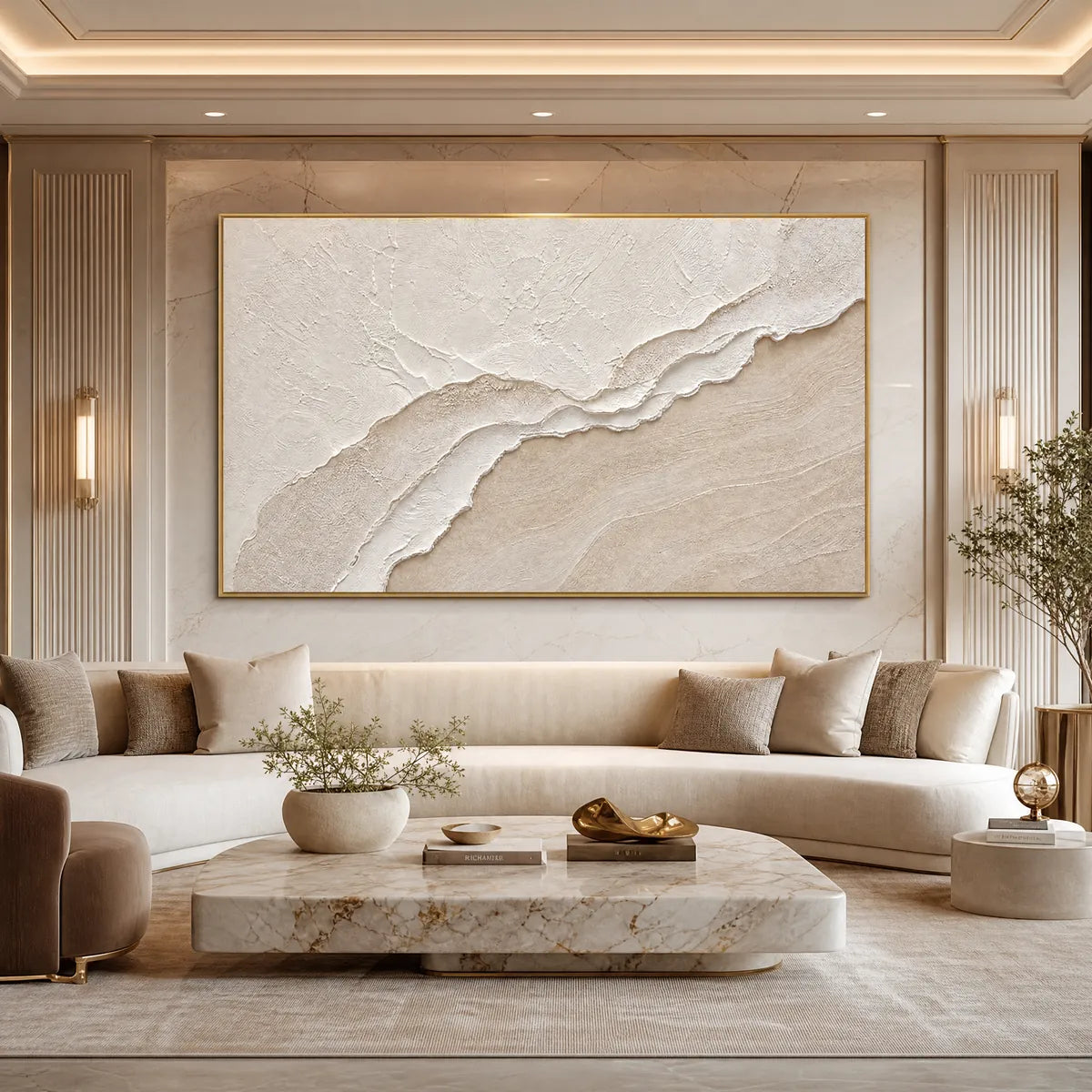 Textured Wabi Sabi coastal abstract painting in beige and white with gold frame