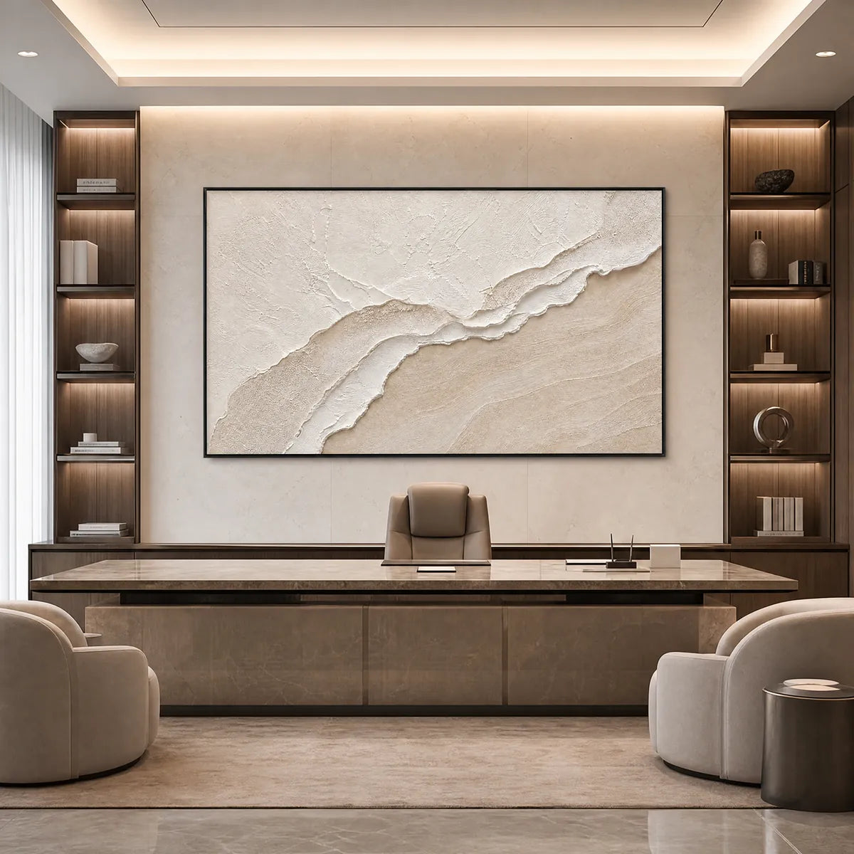 Textured beige and white Wabi Sabi abstract wall art in a modern luxury office