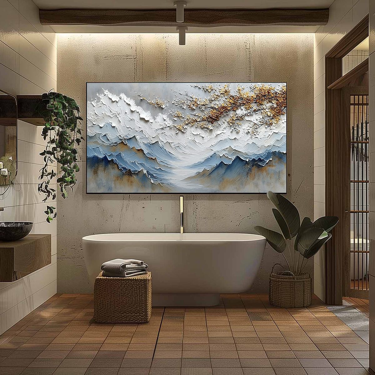 WHISPERS OF THE VALLEY: Textured Mountain Landscape Painting with Golden Blossoms