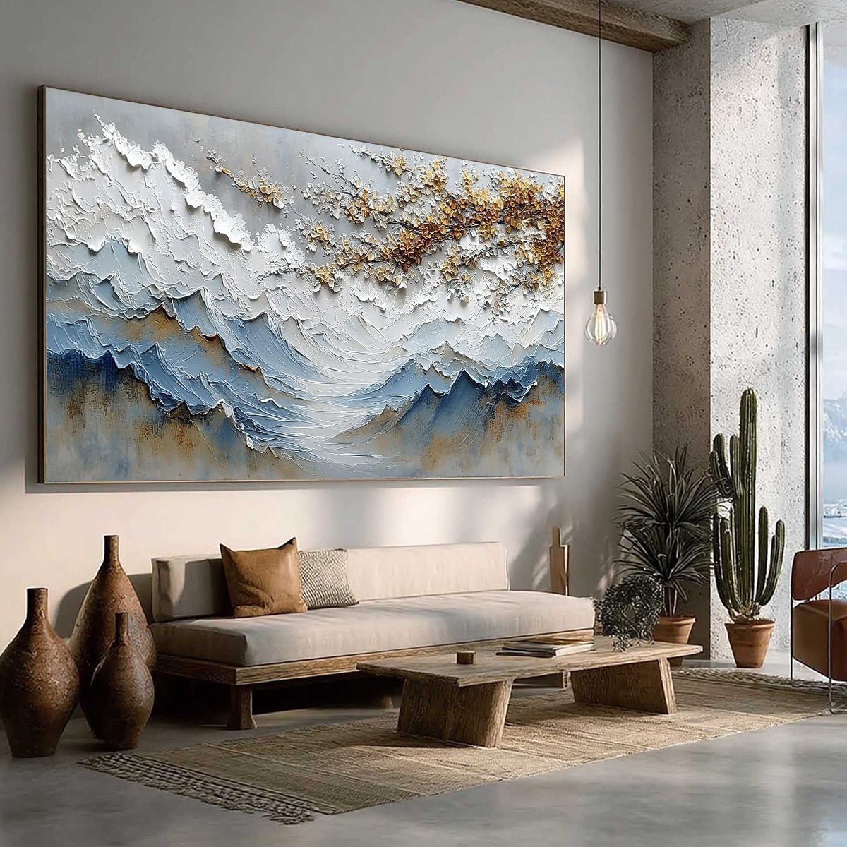 WHISPERS OF THE VALLEY: Textured Mountain Landscape Painting with Golden Blossoms
