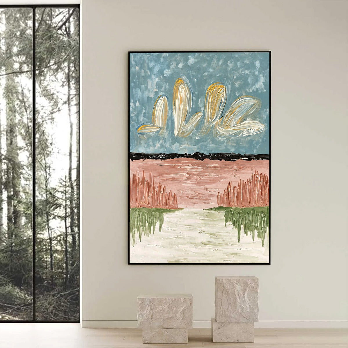 WHISPERS ON THE WATER: Textured Abstract Vertical Landscape Painting