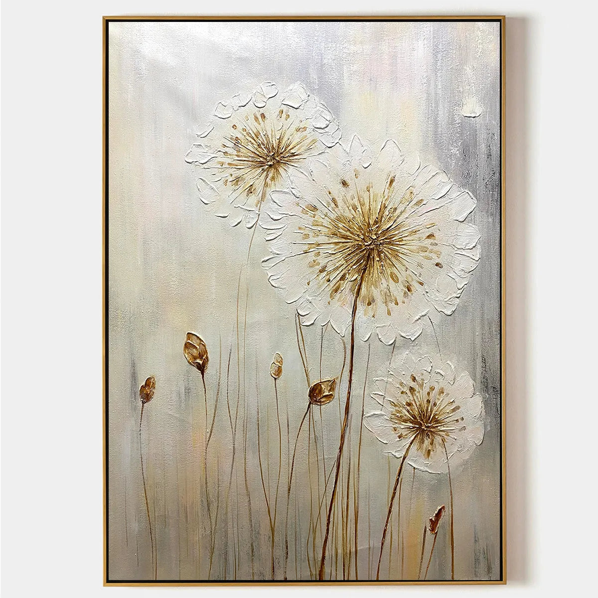 Whispers of Gold: Textured Dandelion Painting on Vertical Canvas